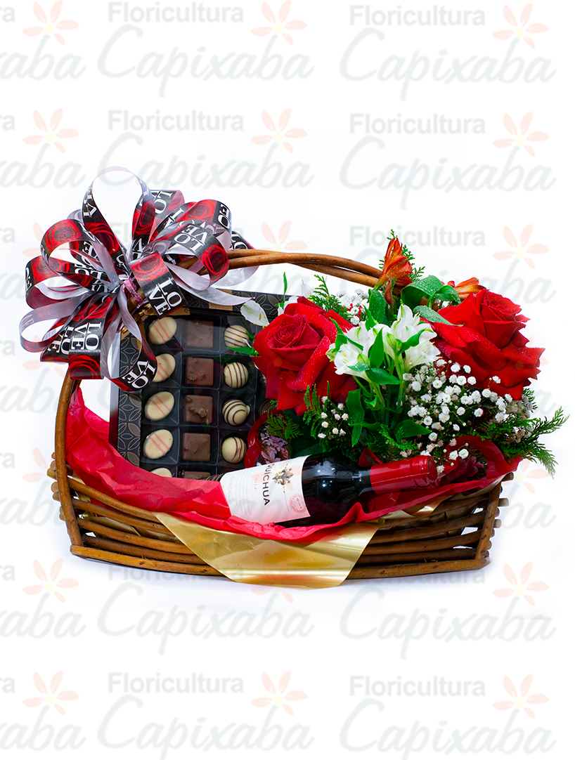Cesta Canoa de Flores, Vinho e Chocolate | Floricultura Capixaba